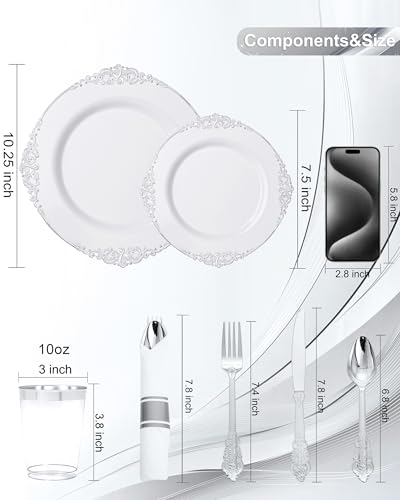 Nervure 350PCS Silver Plastic Plates - Silver Plastic Dinnerware Sets for 50 Guests - 100 Disposable Plates, 150 Silverware, 50 Cups, 50 Napkins for Wedding & Party - color: White and Silver