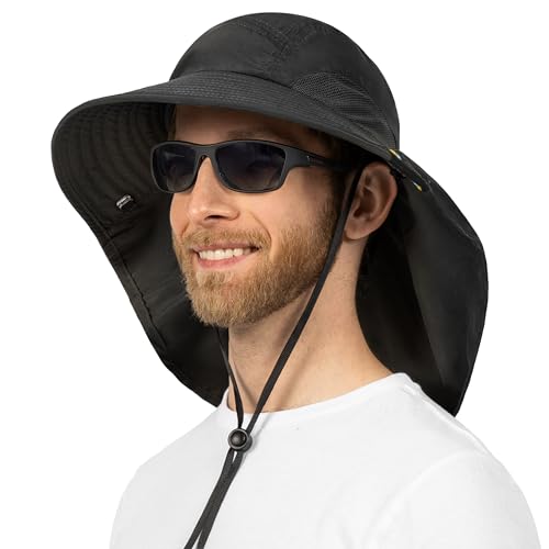 SUN CUBE Wide Brim Sun Hat with Neck Flap, UPF50+ Hiking Safari Fishing Hat for Men Women, Sun Protection Beach Hat - color: Black