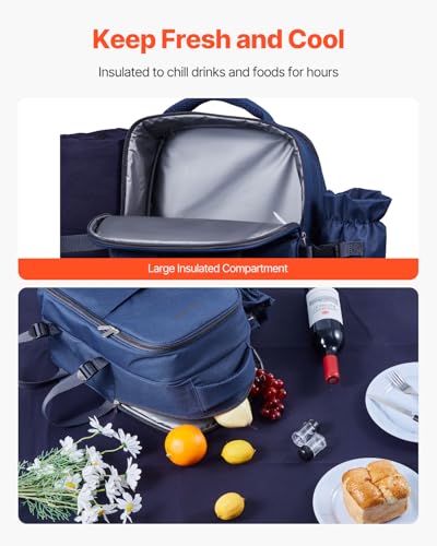 VEVOR Picnic Backpack, Beach Picnic Backpack Bag for 2 Person with Insulated Cooler Compartment, Detachable Bottle/Wine Holder, Lightweight Blanket, Plates & Cutlery Set for Hiking, Camping, Navy Blue - size: single layer for 2 & blue