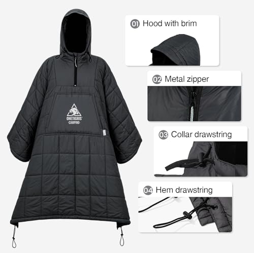 ONETIGRIS Camping Blanket Poncho with with Recycled Synthetic Insulation,Wearable Hoodie Blanket | Ultralight Water-Resistant Warm Camping Blanket for Outdoor, Hiking, Stadium - color: 1pc-black