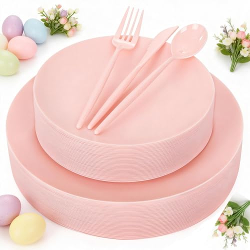 EI 150pcs Pink Plastic Plates Pink Disposable Heavy Duty Plastic Plates for Party Dinnerware Set Pink Plastic Silverware for Party Wedding Afternoon Tea,Spring,Mother's Day,Valentine's Day,Easter - color: Pink Frosted Plastic Plates