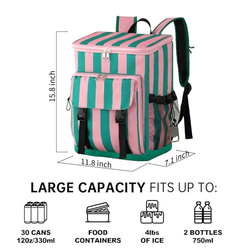 DYSHAYEN Cooler Backpack,Lightweight Backpack Cooler Insulated Leak Proof,30 Cans Soft Cooler Bag for Beach,Camping,Beach,Picnic,Lunch - color: Green and Pink Stripe
