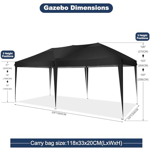 COBIZI 10x20 Pop Up Canopy Tent Party Tents for Parties Weddings Backyard Waterproof Outdoor Commercial Instant Canopy Event Tent with Stakes, Ropes,Sandbags, Black - color: BLACK, size: 10x20FT without sidewall