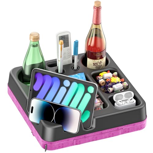 Couch Cup Holder Tray Couch Cup Holder Pillow Bed Tray Snack Sofa Bed Caddy Organizer Beach Sofa Drink Holder Anti-Spill Portable Snack Caddy Couch Remote Holder for Phone Pad Kindle Beverage Purple - color: Purple
