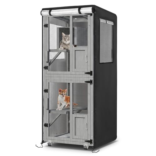 Catio Cover, 26" L x 25" W x 63" H Waterproof Cover for Outdoor Cat Enclosure, 420D Cat Cage Cover for TRYKERPET Catios, Black (Catio Not Included) - size: 26.0"L x 25.0"W x 63.0"H