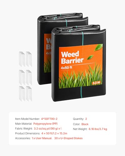 VEVOR Weed Barrier Fabric Heavy Duty, 2 Packs 4x50FT 3.2oz Weed Blocker Fabric, Woven Landscape Fabrics, Garden Fabrics Weeds Barrier, Weeds Control Ground Cover, Geotextile Webbing, Black - size: 4FT*50FT*2Packs-3.2oz