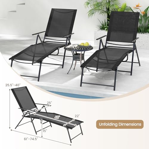 Giantex Lounge Chair Outdoor Set of 2 - Tanning Chair with 6 Adjustable Backrest, 2-Level Footrest, Folding Sunbathing Lounger for Patio, Poolside, Yard, Chaise Lounge Chair, Beach Chair (Black) - color: Black