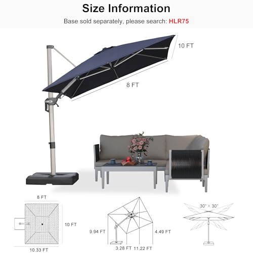PURPLE LEAF 8' X 10' Left-right Tilting Patio Umbrella Outdoor Swivel Cantilever Umbrella Aluminum Offset Umbrella with Champagne Frame and 360-degree Rotation for Garden Deck Pool, Navy Blue - color: Navy Blue, size: 8' x 10'(Tilt)