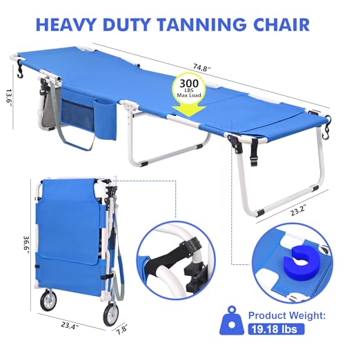 Wheel-To-Go Tanning Chair with Wheels & Face Hole Thicker Washable Adjustable, Heavy Duty Folding Lounge Chair, Outside Beach Sunbathing Reading Poolside, Lay Flat Sun Lounger, 300 LBS (Patent Design) - color: Royal Blue, style: Standard Size
