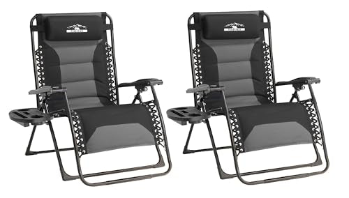 Zero Gravity Lounge Chairs - Set of 2 Oversized Reclining Patio Chairs with Adjustable Pillow & Cup Holder (500lbs Capacity, Black/Gray) - color: Black & Gray, size: X-Large/2 PCS