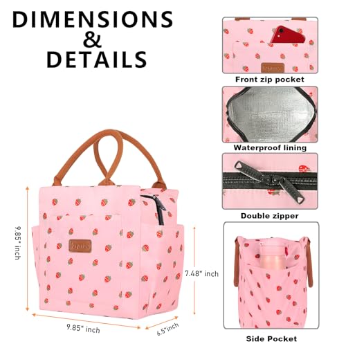 Joymee Lunch Bag Women Insulated Lunch Box Reusable Leakproof Large Spacious Cooler Tote for Women Men Adult with Bottle Holder and Side Pockets for Work Office Travel Picnic - Strawberry Pink - color: 04 Strawberry Pink
