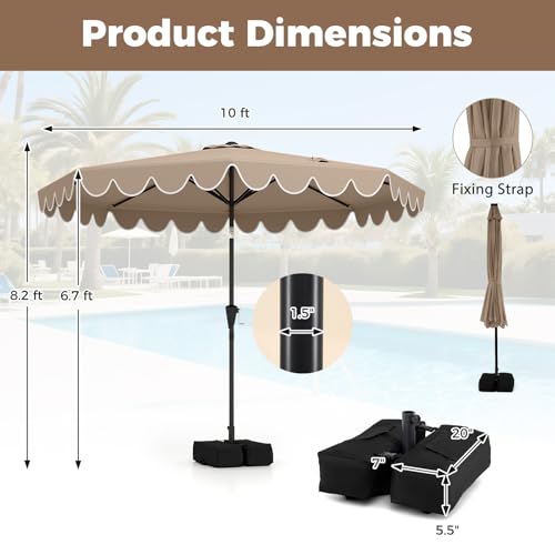 Tangkula 10 FT Patio Umbrella with Base Included, 2-Tiers Outdoor Scalloped Table Umbrella with 2 Sandbags, Tilt Adjustment, Crank, 8 Ribs for Market Backyard Pool Deck Beach Lawn - color: Tan, size: 10 FT