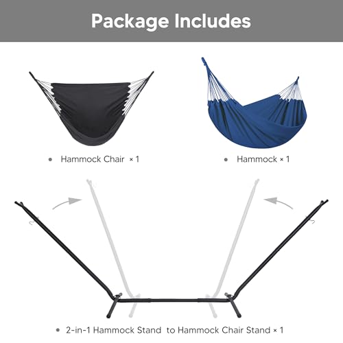 SUNCREAT 2-in-1 Convertible Backyard Fabric Hammock with Stand, Large Hammocks for Outside, Dark Blue - color: A-dark Blue