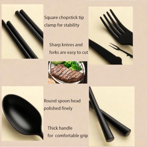 Travel Utensils with Case , Portable Travel Cutlery Set Chopsticks Knives Fork Spoon and Fruit Fork for Lunch Box , Reusable Camping Utensil Sets for Camping Daily Use or Outdoor (Black , Black) - color: Black，Black