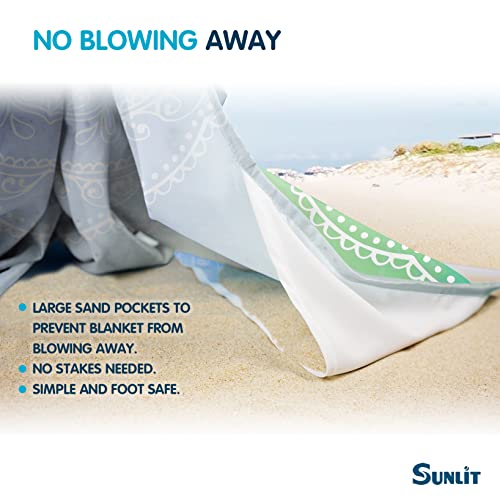 Sunlit Silky Soft Sand Proof Beach Blanket 106"x81" / 85"x72" Sand Proof Mat with Corner Pockets and Mesh Bag for Beach Party, Travel, Camping and Outdoor Music Festival, Mandala - color: Green Violet, size: 120"x108"