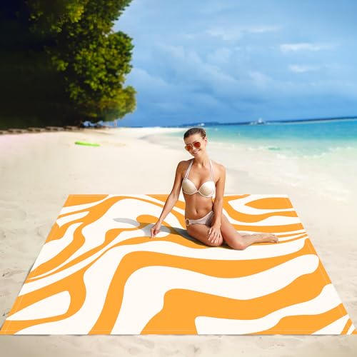 Yellow Beach Blanket, Sand Free Waterproof Outdoor Beach Mat with 4 Stakes & Pockets, 78''×86'' Large Sandproof Foldable Picnic Blanket with Portable Bag for Camping, Travel, Hiking - color: Yellow Quicksand, size: 6.5x7.2 FT (1～4 person)