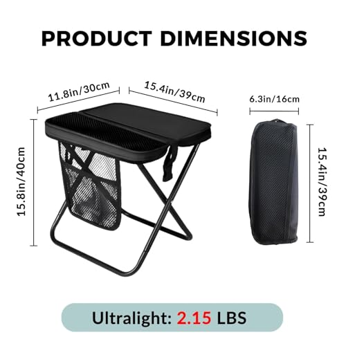 16" Portable Collapsible Stool - Folding Chair with Storage Pouch, Convertible Satchel for Hands-Free Carry & Supports 300Lbs, Ultralight for Hiking, Fishing, Camping, Festivals (Black, Large) - color: Black, size: Large