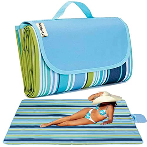 RUIBOLU Large Picnic Blanket, Beach Blankets(80X60) Inch Sandproof Beach Mat for 3-5 Adults Waterproof Quick Drying Outdoor Picnic Mat for Travel Camping Park Lawn (Blue Stripes) - color: Blue Stripes