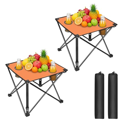 2 Pack Portable Camping Table, Ultralight Picnic Table Foldable with 2 Cup Holders and Carrying Bag for Outdoor Camping Picnic BBQ Beach Party Patio Fishing, Steel Frame, High-Grade 600D Oxford Fabric - color: Orange, size: 2 Pack