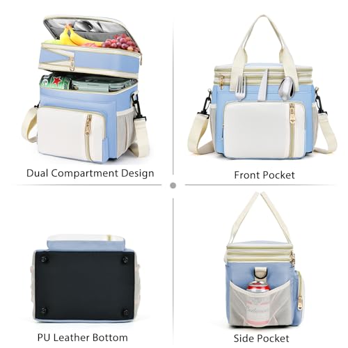 Lunch Box & Lunch Bag for Women, Large Insulated Adult Lunch Box Leakproof Lunchbox Cooler Bag for Work Picnic Beach,16L, Sky Blue & White - color: Sky Blue