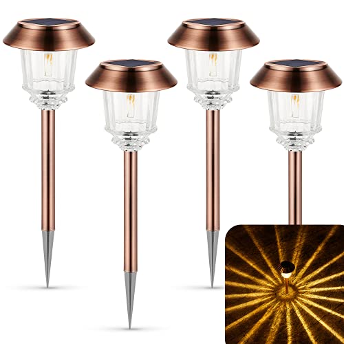 XMCOSY+ Solar Lights Outdoor Waterproof, 4 Pack Solar Lights for Outside, 10-40 LM Dimmable LED Glass Outdoor Solar Lights for Yard Pathway Garden Lawn Driveway Walkway (Warm White) - color: Copper, size: 4 Packs