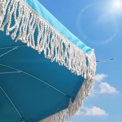 Lefedrasticity Boho Outdoor Umbrella with Tassels,6ft Table Umbrella Outdoor Patio with Knobs Tilt,Wind Resistant Portable Beach Umbrella UPF50+ Fringe Umbrellas For Pool Backyard Deck Garden - color: Blue Green
