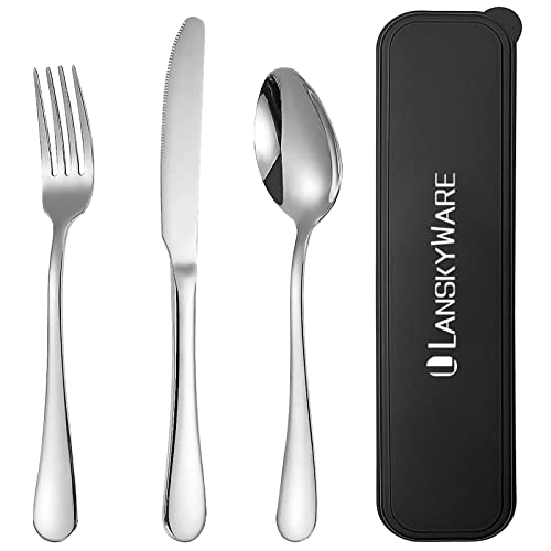 Portable Utensils Set with Case,Reusable Office Flatware Set,Healthy Travel Cutlery Set 3 PCs Stainless Steel Fork, Spoon,Knife Cutlery Ideal for Travel, Lunch Box and Camping (Silver-3PCs) - color: Silver - 3 PCs