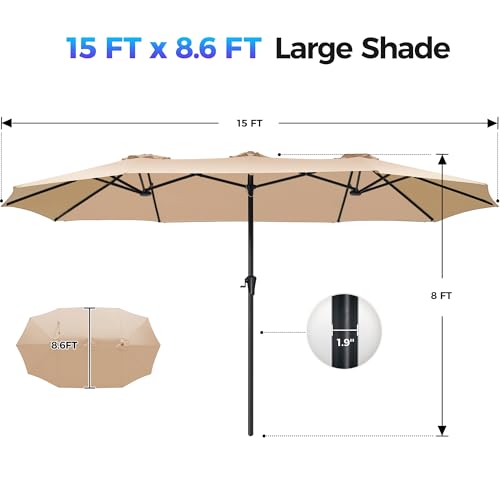 SUPERJARE 15FT Outdoor Umbrella for Patio, Double sided Pool Umbrellas with Fade Resistant Canopy, Large Table Umbrella for Deck, Market, Backyard - Beige(No Base) - color: Beige, size: 15FT