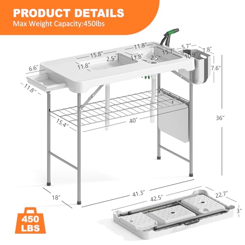 Folding Fish Cleaning Table with 2 Sinks, 42.5'' Portable Camping Sink Table with Foldable Faucet, Drainage Hose, Sprayer, Storage Box,Drawer & Grooves, Outdoor Fillet Station for Picnic, White - color: White