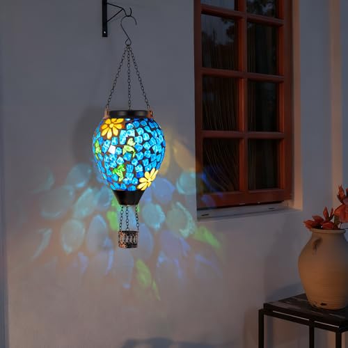 Hummingbird Solar Hot Air Balloon Lantern with Flame, Blue Hanging Mosaic Solar Lantern Outdoor Waterproof, Outdoor Solar Lights for Yard Gardening Gift for Mom Grandma Women - color: Mosaic Hummingbird