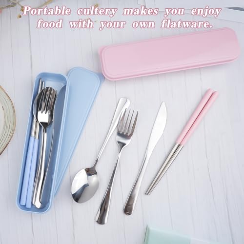 JEPELUS 2 Pcs Travel Utensils with Case, Reusable Lunch Box Silverware Set, Stainless Steel Portable Cutlery Set Fork Spoon Knife Chopsticks Flatware for Work Camping Office School Picnic Adult Kid
