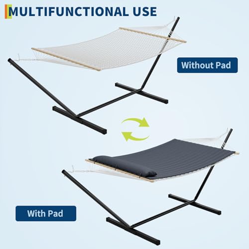 Double Hammock with Stand, Heavy Duty 475 lbs 2-Person Cotton Rope Hammock with Reversible Quilted Pad & Hardwood Spreader Bars, Portable Easy Assembly for Outdoor & Indoor Use, Gray