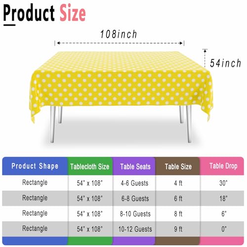 4 Pack Yellow Polka Dot Tablecloth,Yellow and White Tablecloths Disposable Plastic Rectangular Picnic Table Cover,Suitable for Rectangular Tables(54 x 108 Inches) - color: Polka Dot Yellow, size: 54" x 108" Rectangular (4 Pack)