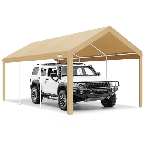 COBIZI Carports 10x20 Heavy Duty Car Tent Garage 2.0, Galvanized Frame Car Canopy Outdoor Shelter Waterproof & UV Protected with Windproof Ropes & Built-in Sandbags for Car Truck Boat, Khaki - color: Khaki, size: 10'x20'
