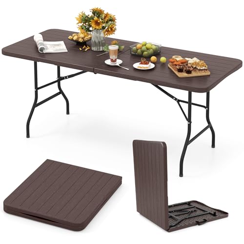 Goplus 6ft Plastic Folding Table, 350 LBS Indoor Outdoor Heavy Duty Portable Folding Tables with HDPE Tabletop, Handle, Lock, Foldable Rectangle Utility Card Table for Picnic, Party, Camping, Dining - color: Brown