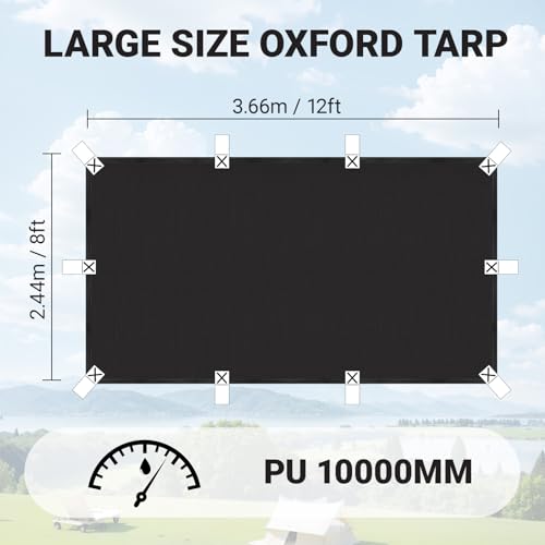 2 Pack 8x12 ft Black Heavy-Duty Waterproof Tarps - Oxford Fabric Tarpaulin with Reinforced Webbing Loops for Firewood, Roof, Camping, Pool, Boat & Outdoor Covers - size: 8 x 12 ft