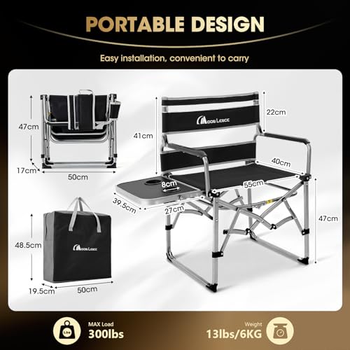 MOON LENCE Directors Camping Chair, Heavy Duty,Oversized Portable Folding Chair with Side Table for Beach, Fishing,Picnic,Lawn,Outdoor Event - color: Black Grey