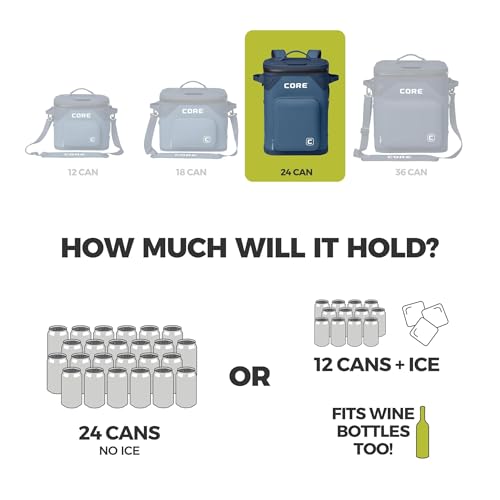 CORE Magnetic Leak Proof Soft Cooler with Waterproof Zipper | Insulated Bag Portable Ice Chest Box | Best Soft Cooler for Food & Beverages for Tailgating, Car Camping, Travel, and Family Beach Picnics - color: Navy, size: 24 Can