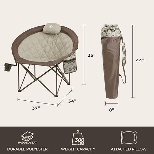 CORE Oversized Papasan Saucer Chair | Foldable Moon Lounge Chair with Cupholder & Storage Pocket for Indoor Home or Outdoor Camping | Perfect for Concert Seat, Sports, Beach, Travel & Picnic - color: Mocha Latte