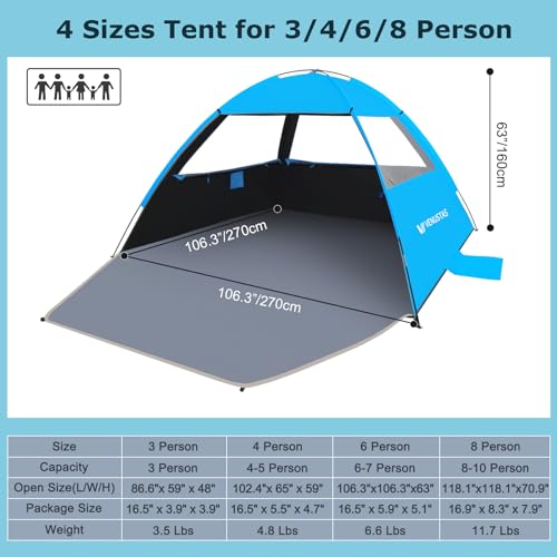 Venustas Beach Tent Sun Shelter for 3/4/6/8 Person, UPF 50+ UV Protection Beach Canopy, Lightweight and Easy Setup Cabana, Portable Shade Tent - color: Dark Shelter-Sky Blue, size: 6 Person