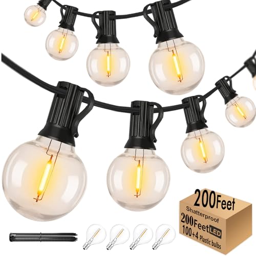 Outdoor String Lights Waterproof Patio Lights 200FT with 100+4 Shatterproof G40 LED Edison Outdoor String for Party Backyard Gazebo Pegola Cafe, 2Pack x 100ft - color: Black-2200K, size: G40 200FT