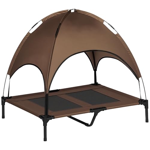 PawHut Elevated Dog Bed with Removable Canopy, Outdoor Dog Cot with UV Protection Canopy Shade, 36 inch Large Pet Bed for Camping, Coffee - color: Coffee, size: 36 inch