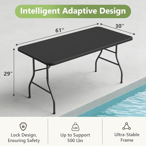 5ft Folding Table, Heavy Duty Plastic Card Table with Foldable Steel Legs, Metal Frame Support up to 500 lb, Portable for Indoor, Outdoor, Picnic, Camping, Dining, Party, Black - color: Black, size: 5FT