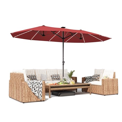 GDPFN 15ft Large Patio Umbrella with Solar Lights, Outdoor Double-Side Rectangular Umbrella with Base Included, Backyard Pool Umbrella with LED Light for Deck, Outside, Market, Burgundy - color: Burgundy, size: Base&led