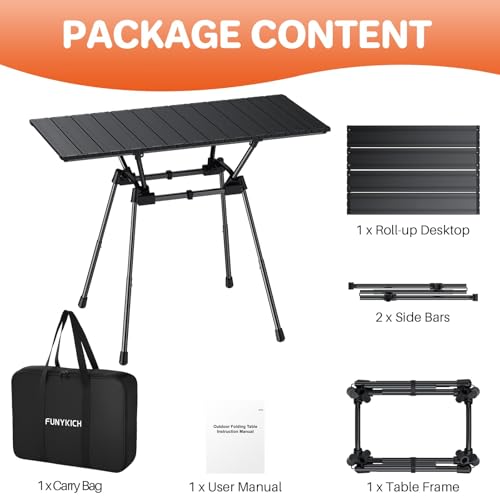 FUNYKICH 3ft Aluminum Roll Up Camping Table(L35''xW16''), 4 Height Adjustable Ultralight Folding Camp Table Up to 28'', Portable Tables with Carry Bag for Camping, Picnic, BBQ, Party, Backyard, Beach - size: Aluminium tabletop-35''x16''x(28/24.8/26.4/20''