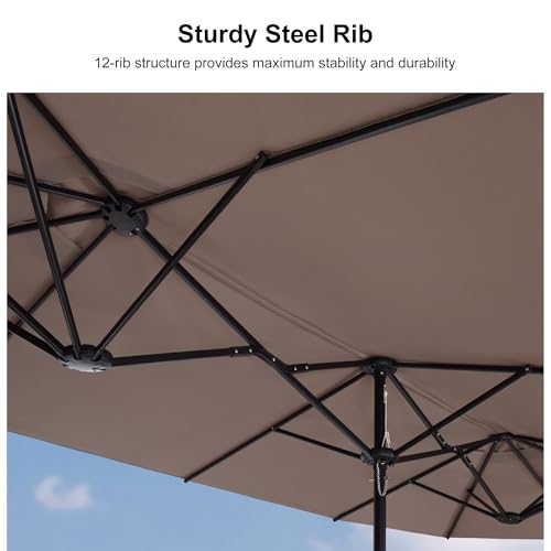 PURPLE LEAF 14ft Patio Market Umbrella with Base Double-Sided Rectangle Outdoor Table Sun Umbrellas with Crank 12 Heavy Duty Sturdy Ribs for Pool Beach Deck Backyard Taupe - color: Taupe, size: 14' X 8'