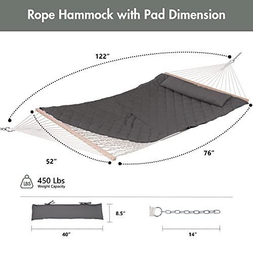 ANOW Outdoor Rope Hammock with Spreader Bars, Heavy Duty Hammock with Pad for Outdoors Indoors, 450 LBS Weight Capacity, Gray - color: Grey, size: Without Stand