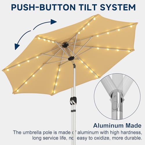 10FT 40-LED Solar Lighted Aluminum Patio Umbrella, Fade-Resistant Outdoor Market Table Umbrella with Push Button Tilt Function, 8 Sturdy All-Aluminum Ribs for Gardens, Decks, Backyards & Pools - color: Beige, size: 10FT 40LED-1Tier (Aluminum Umbrella)