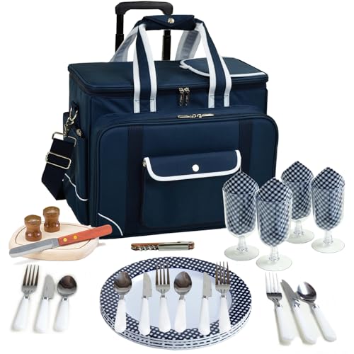 Picnic at Ascot- Original Insulated Picnic Cooler on Wheels with Service for 4- Designed & Assembled in the USA - color: Navy With Wheels