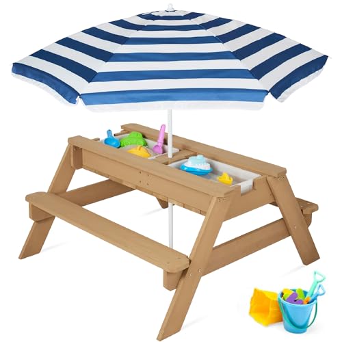 Best Choice Products Kids Picnic Table with Umbrella, 3-in-1 Sand & Water Table, Outdoor Convertible Picnic Table for Toddlers, Seats 4, Removable Top, 2 Buckets - Navy - color: Navy